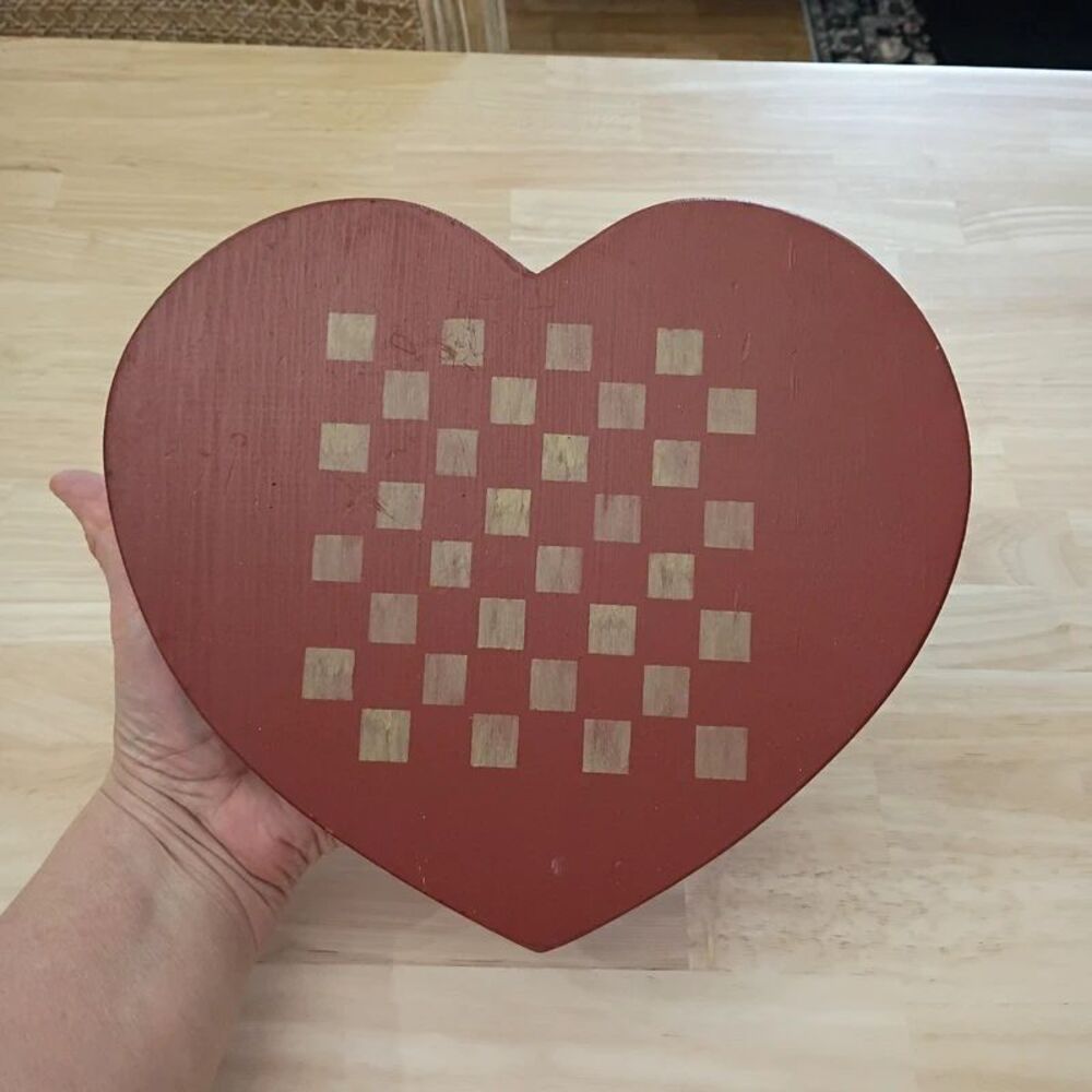 Red Checkered Wooden Heart Wall Hanging Plaque Farmhouse Country Decor